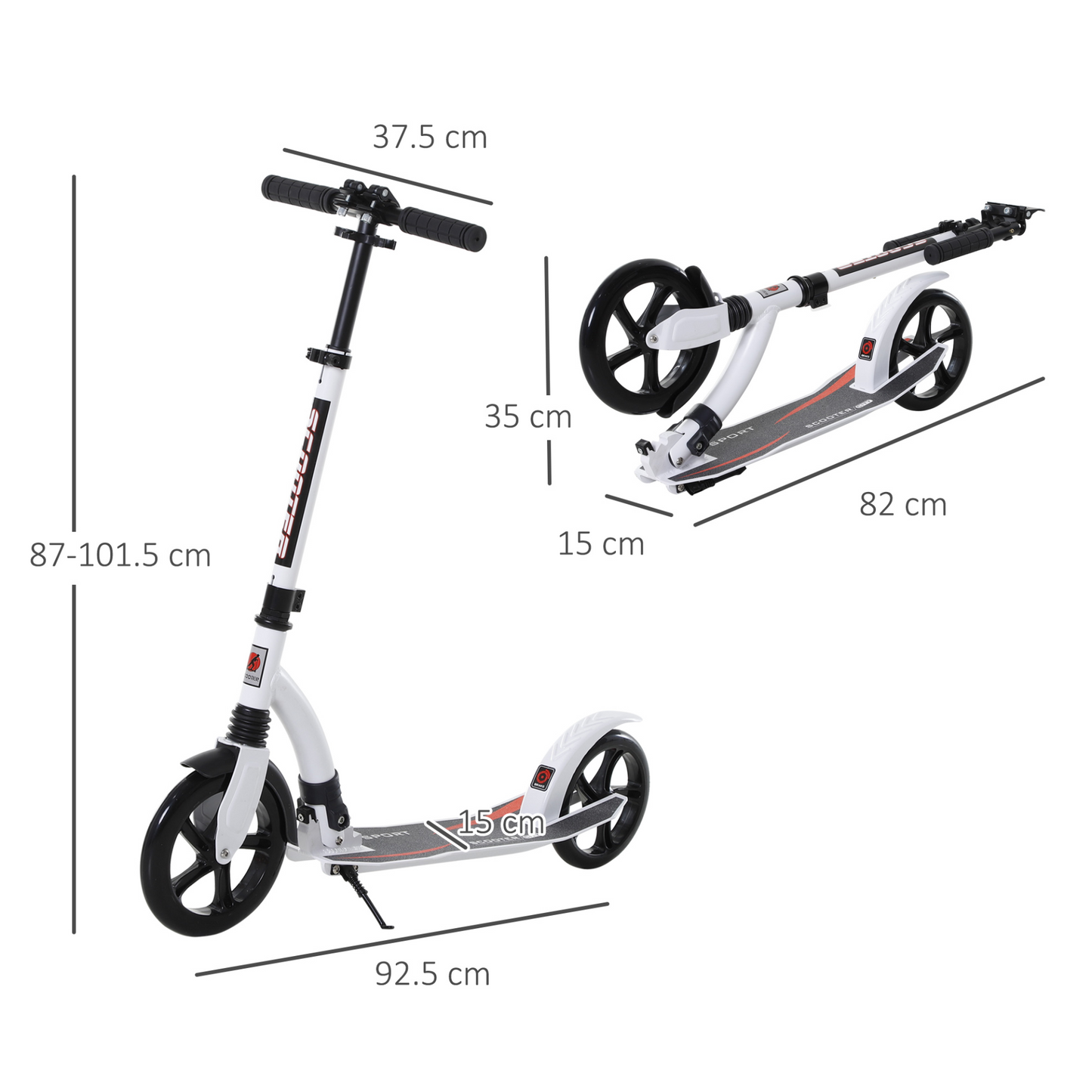 HOMCOM Teens Adult Kick Scooter w/ Shock Absorption Mechanism Foldable Adjustable Height Aluminium Frame Ride On Toy for 14+ - White