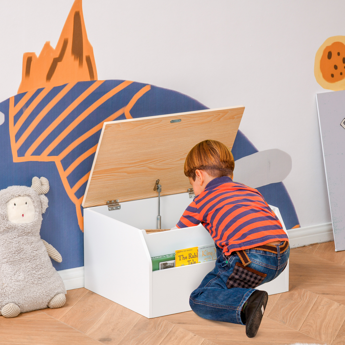 HOMCOM Wooden Kids Toy Box Children Storage Chest Organiser Book Slot Safety Hinge Playroom Furniture White