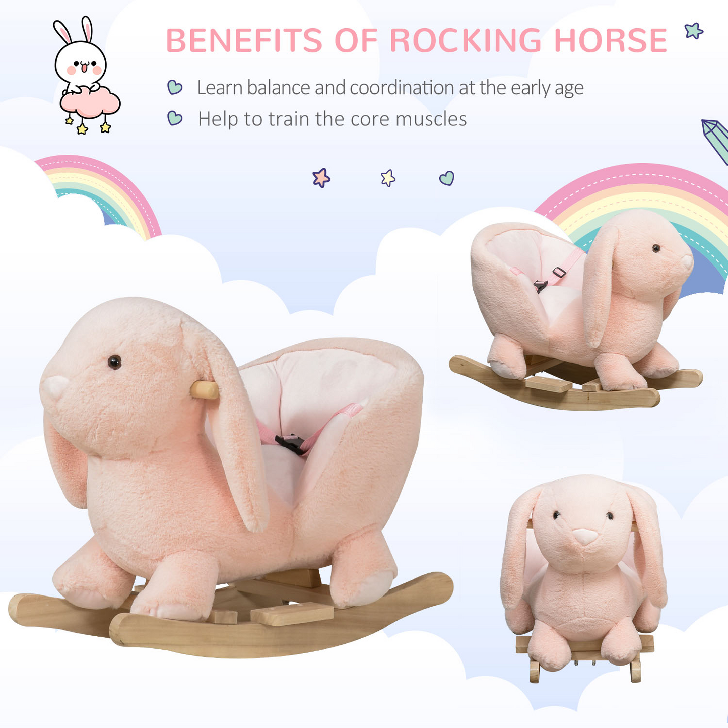 HOMCOM Kids Children Rocking Horse Plush Ride On Rabbit Seat w/ Sound Wood Base Seat Safety Belt Toddler Baby Toy Rocker Pink 18 - 36 Months