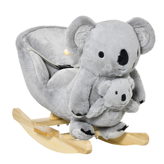 HOMCOM Kids Toddler Rocking Horse Plush Ride On Koala Rocker Wooden Base Seat Safety Belt w/ Gloved Doll Toy for 18-36 Months Grey