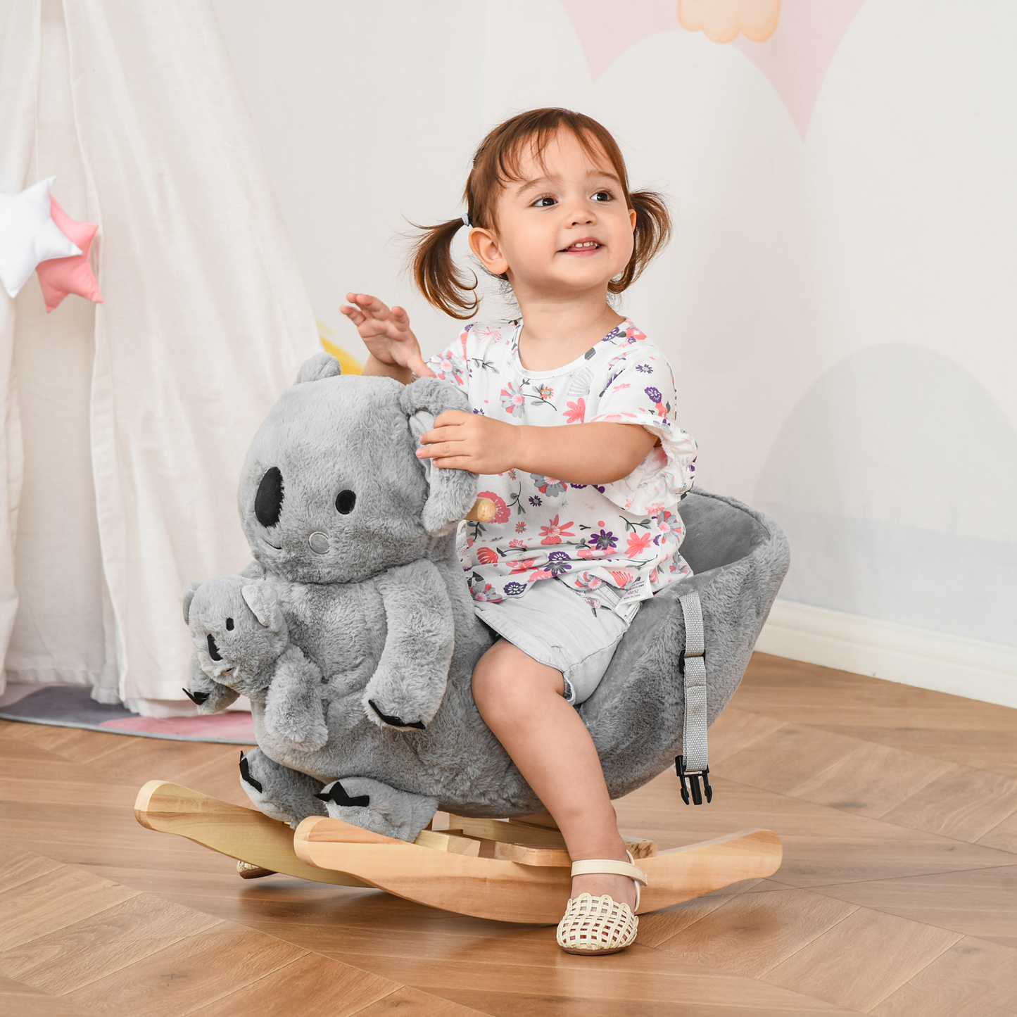 HOMCOM Kids Toddler Rocking Horse Plush Ride On Koala Rocker Wooden Base Seat Safety Belt w/ Gloved Doll Toy for 18-36 Months Grey