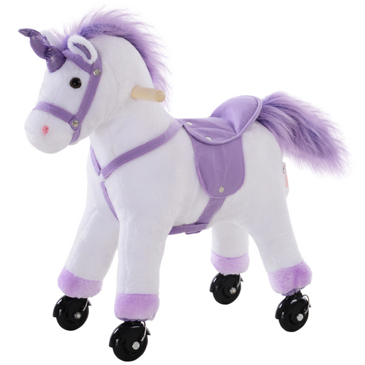HOMCOM Plush Walking Horse Four Wheel Sit-On Unicorn Neigh Button Ride On Toy Rocker with Handlebar for Age 3+
