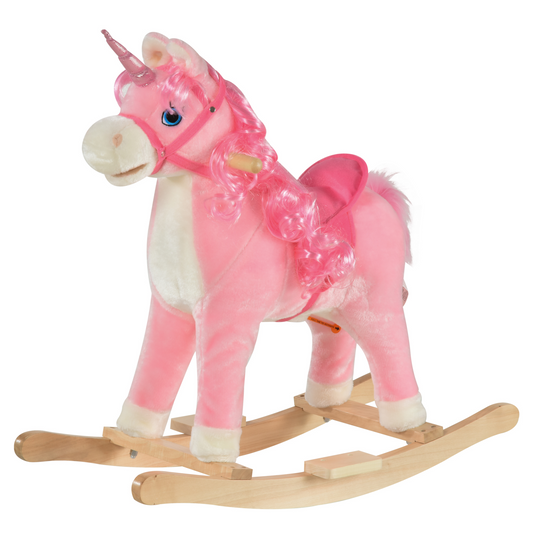 HOMCOM Kids Plush Rocking Horse Ride On Unicorn w/ Sound Moving Mouth Wagging Tail Children Rocker Toy Gift 36 - 72 Months Pink