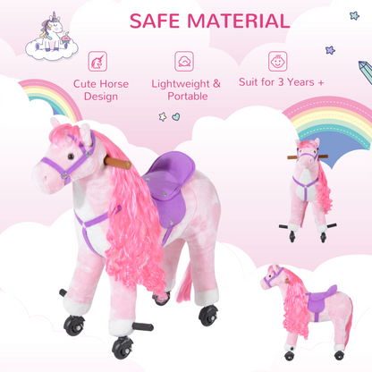 HOMCOM Childrens Plush Ride On Walking Horse Toy Wheels Foot Rest w/Neigh Sound (Pink)