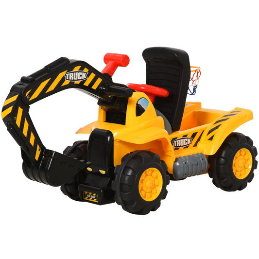 HOMCOM Kids Ride On Excavator Digger w/ Storage Basketball Net Steering NO POWER Wheel Vehicle Truck Toy