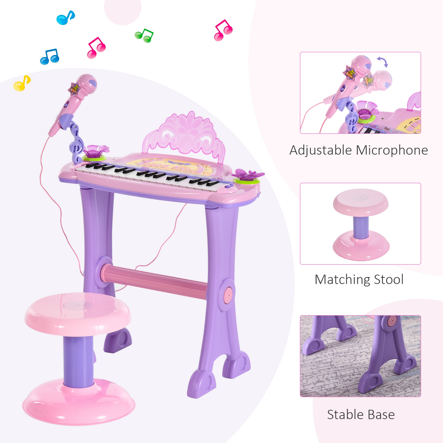 HOMCOM 32 Keys Kids Mini Electronic Keyboard Musical Instrument Educational Game Toy Children Grand Piano Stool Micropho