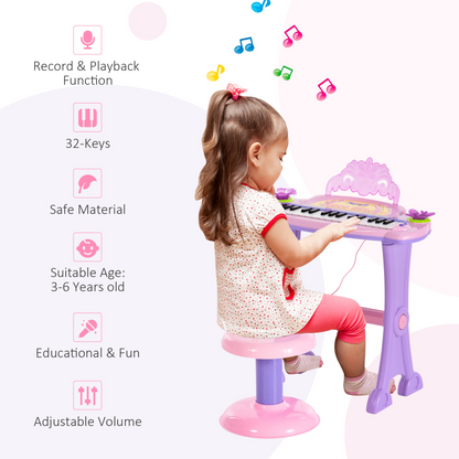 HOMCOM 32 Keys Kids Mini Electronic Keyboard Musical Instrument Educational Game Toy Children Grand Piano Stool Micropho
