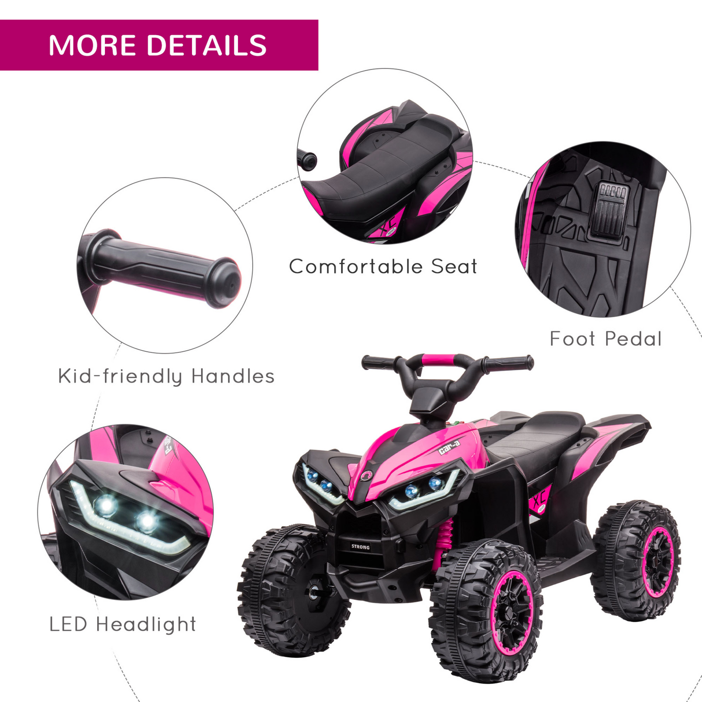 HOMCOM 12V Electric Quad Bikes for Kids Ride On Car ATV Toy, with Forward Reverse Functions, LED Headlights, for Ages 3-5 Years - Pink