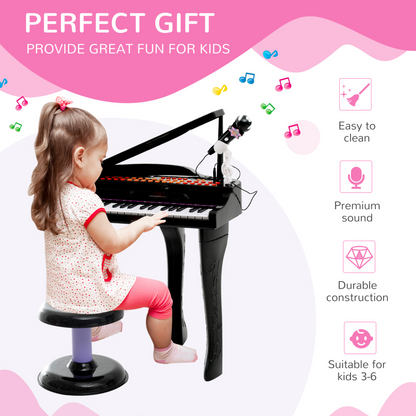 HOMCOM 37 Keys Kids Mini Electronic Keyboard Children Grand Piano with Stool Microphone Light Musical Instrument Educational Game Toy Set (Black)