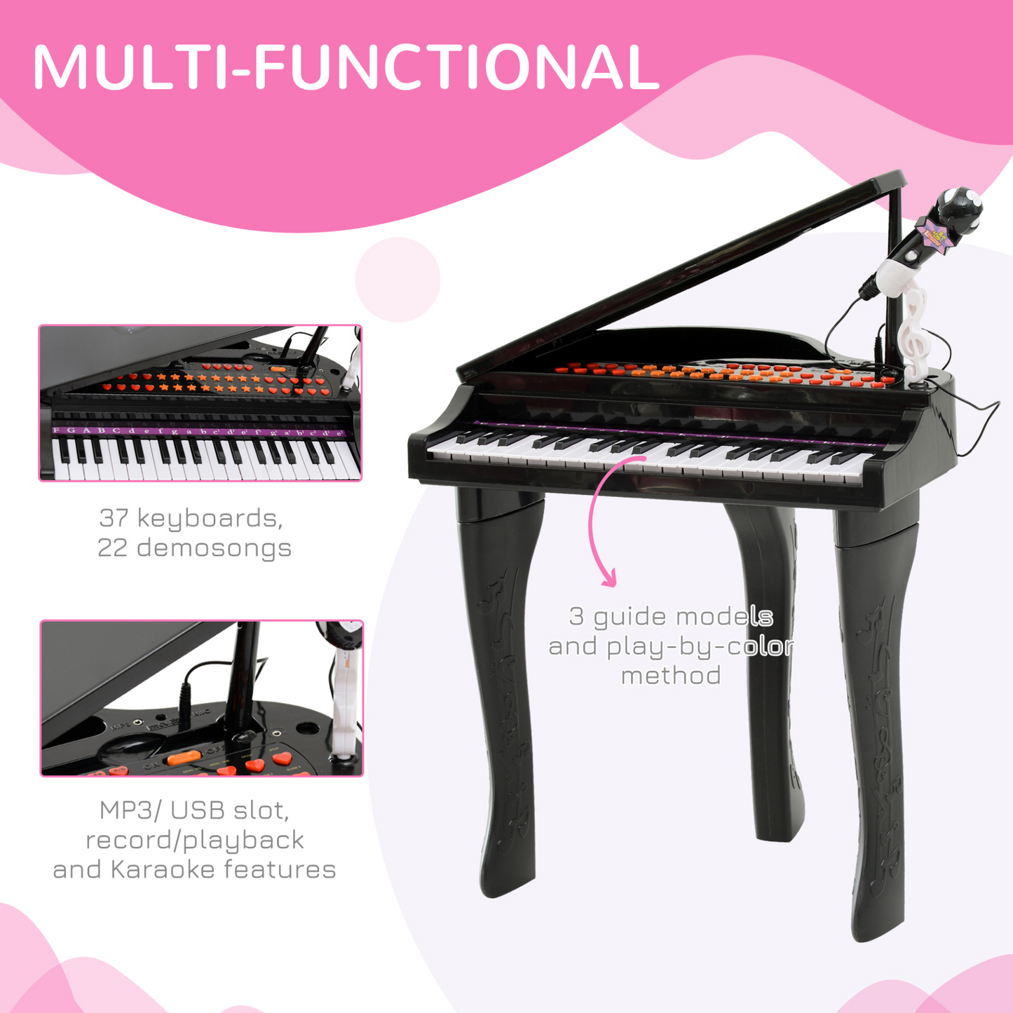 HOMCOM 37 Keys Kids Mini Electronic Keyboard Children Grand Piano with Stool Microphone Light Musical Instrument Educational Game Toy Set (Black)