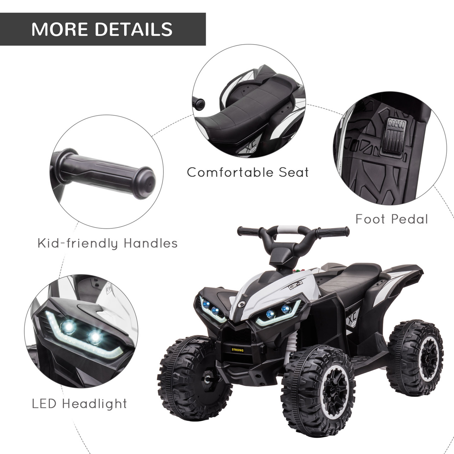 HOMCOM 12V Electric Quad Bikes for Kids Ride On Car ATV Toy, with Forward Reverse Functions, LED Headlights, for Ages 3-5 Years - White
