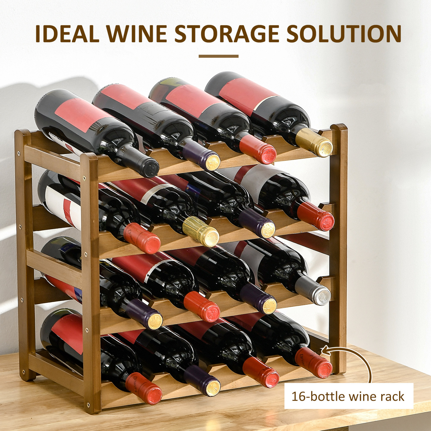 HOMCOM Free Standing Bamboo Wine Rack with 16 Bottles Holder, 4-tier Water Bottle Organizer, Display Shelf for Countertop, Home Bar, Brown