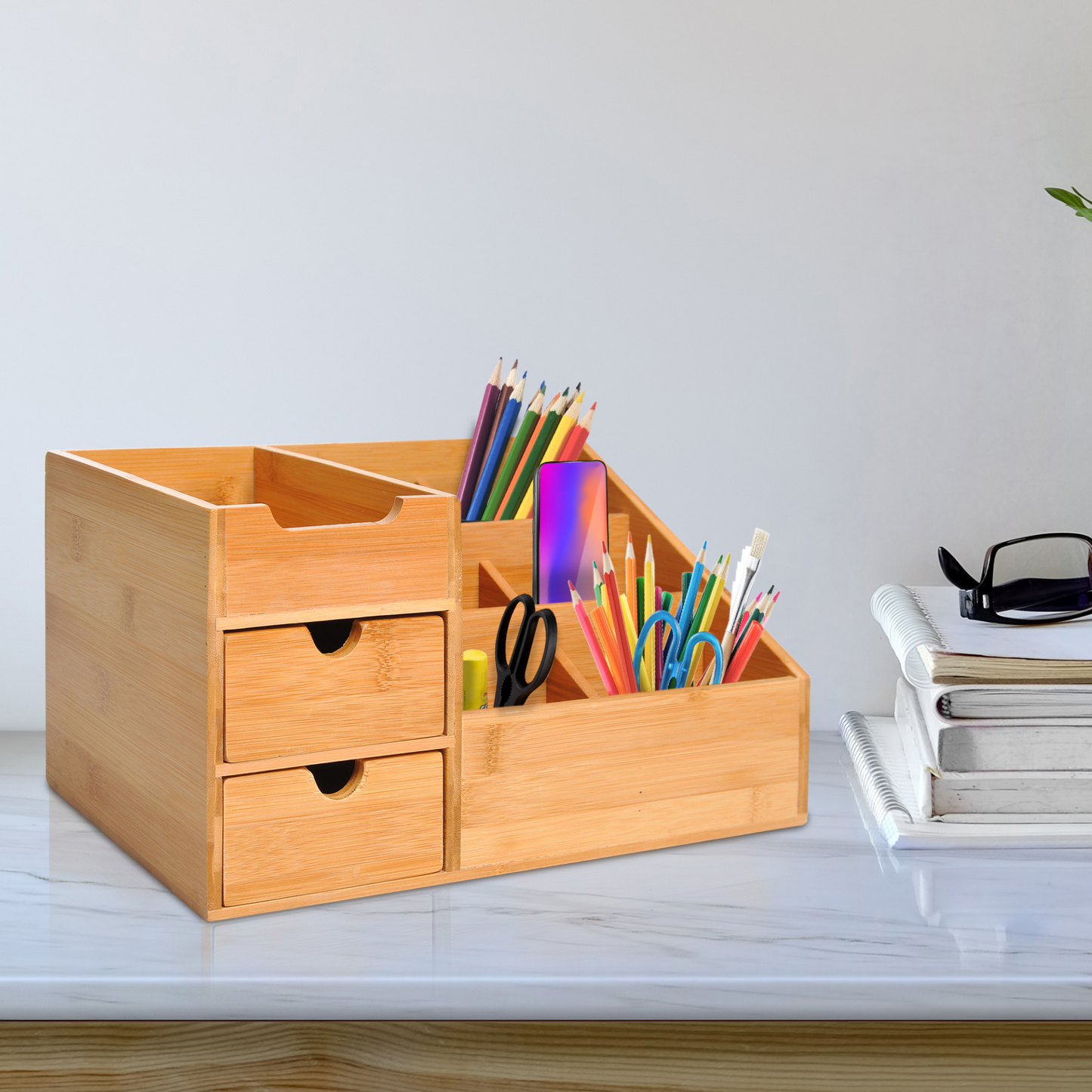 HOMCOM Organiser Holder Multi-Function Storage Caddy Drawers Home Office Stationary Supplies 7 Storage Compartments and 2 Drawers Natural Bamboo