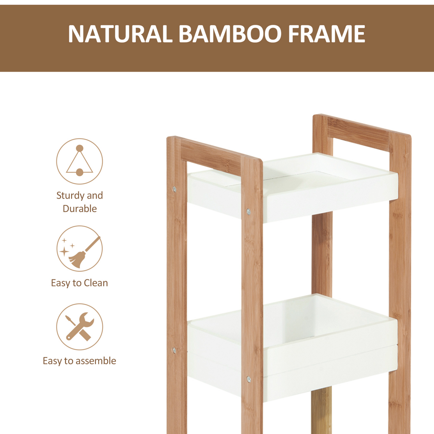 HOMCOM 3-Tier Bathroom Rack Storage Shelf Bamboo Organiser Shower Tower for Narrow Place