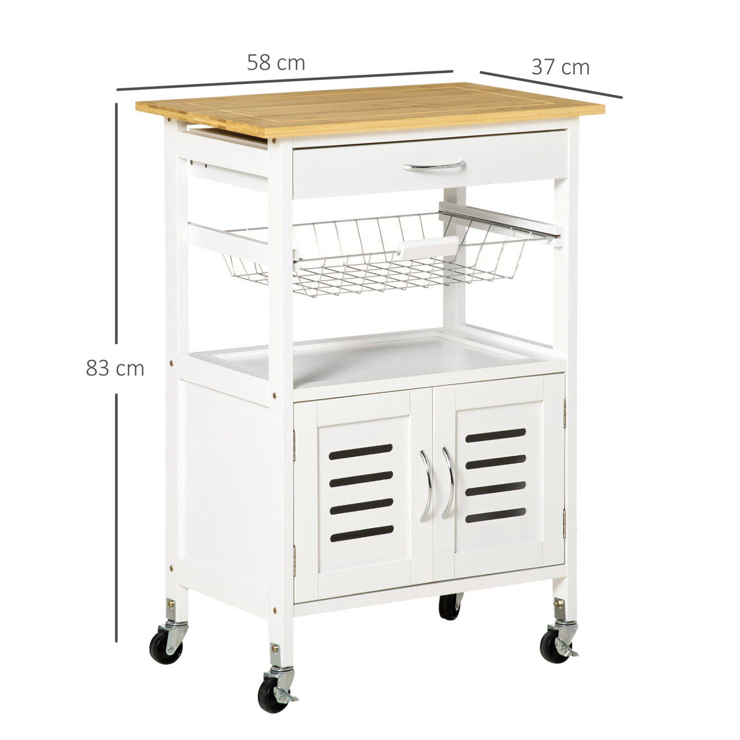 HOMCOM Rolling Kitchen Island Trolley Utility Cart on Wheels with Bamboo Table Top, Storage Cabinet, Drawer and Wire Basket