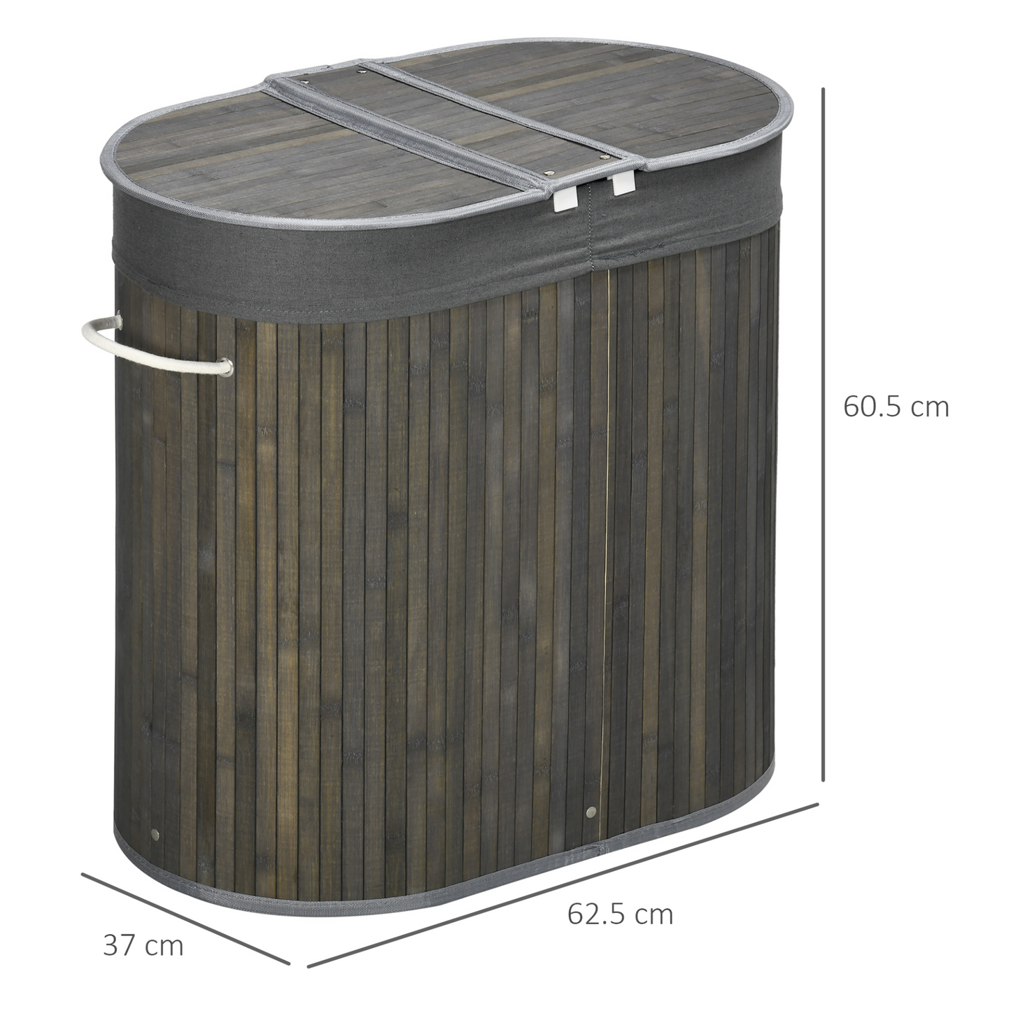 HOMCOM Bamboo Laundry Basket with Lid, 100 Litres Laundry Hamper with 2 Sections, Removable Washable Lining, Washing Baskets, 62.5 x 37 x 60.5cm, Grey
