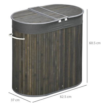 HOMCOM Bamboo Laundry Basket with Lid, 100 Litres Laundry Hamper with 2 Sections, Removable Washable Lining, Washing Baskets, 62.5 x 37 x 60.5cm, Grey