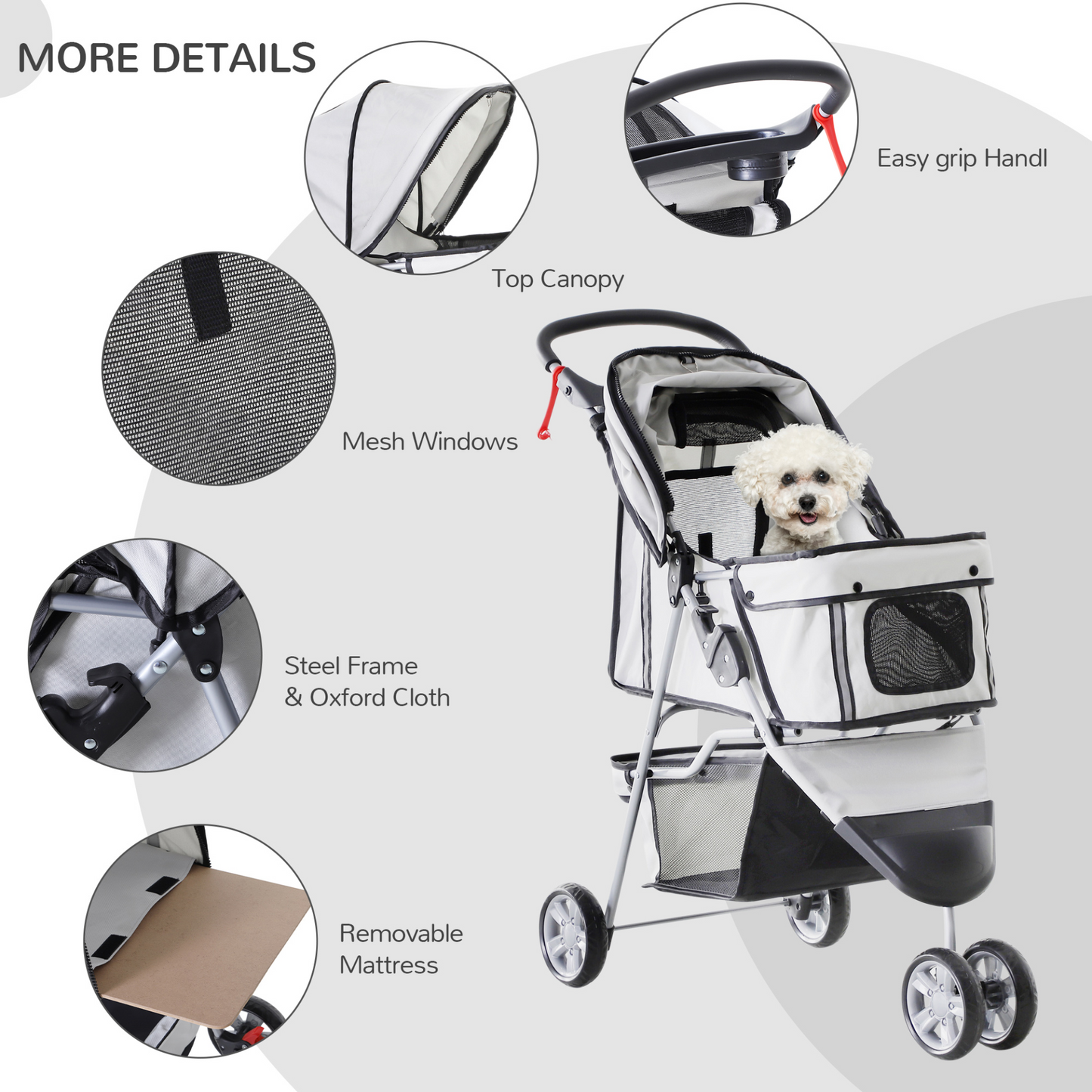 PawHut Pet Travel Stroller Cat Dog Pushchair Trolley Puppy Jogger Carrier Three Wheels for Small Miniature Dogs(Grey)