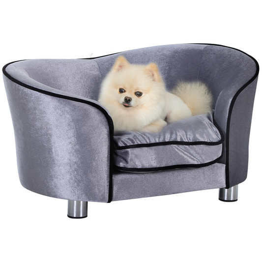PawHut Dog Sofa Bed for Miniature Dogs, Pet Chair Couch Kitten Lounge with Soft Washable Cushion, Thick Sponge, Wooden Frame, Storage Pocket