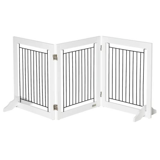 PawHut Freestanding Pet Gate Stair Gates for Dogs Foldable Wooden Dog Gate with 2 Support Feet, 61 cm Tall, for Doorways Hallways Staircases, Small Dogs - White