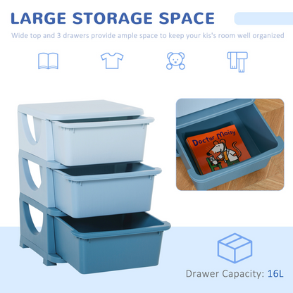HOMCOM Kids Storage Units with 3 Drawers 3 Tier Chest Vertical Dresser Tower Toy Organizer for Nursery Playroom Kindergarten Blue
