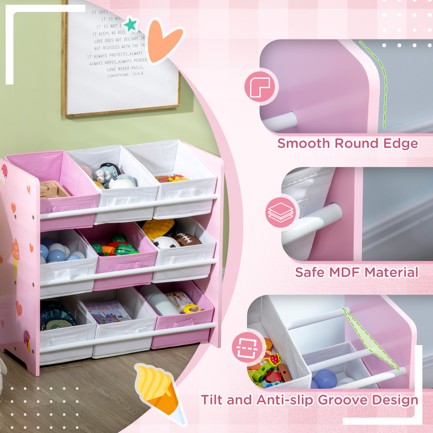 ZONEKIZ Kids Storage Unit Toy Box Organiser Bookshelf w/ Nine Removable Baskets, for Bedroom, Nursery, Playroom - Pink