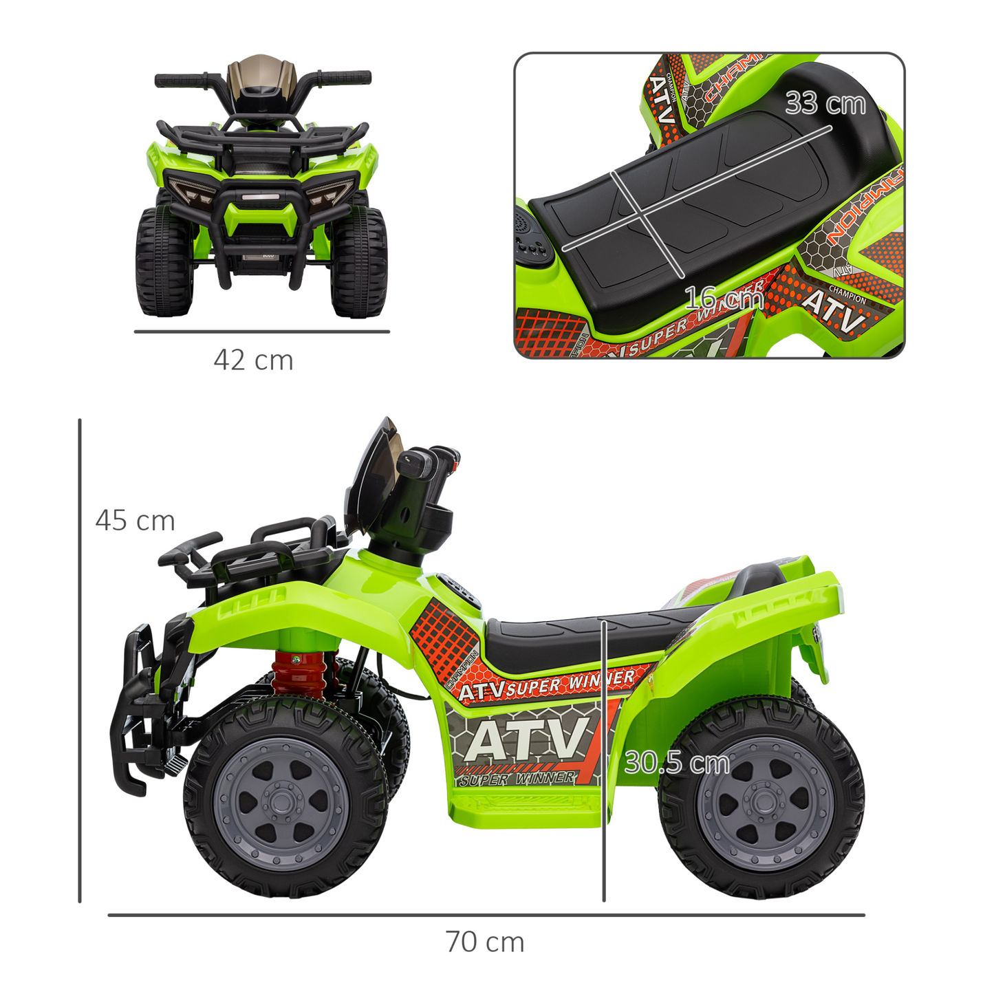 HOMCOM 6V Kids Electric Ride on Car Toddlers Quad Bike ATV Toy With Music for 18-36 months Green