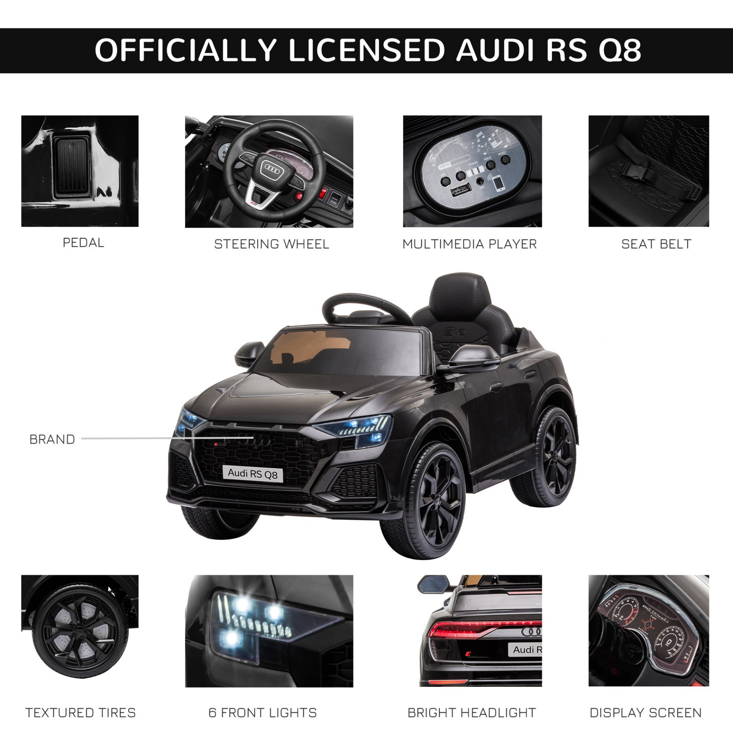 HOMCOM 6V Kids Electric Ride On Car RS Q8 Licensed Toy Car with Remote Control Music Lights USB MP3 Bluetooth for 3-5 Years Old Black
