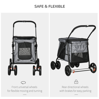 PawHut One-Click Foldable Pet Stroller, Dog Cat Travel Pushchair w/ EVA Wheels, Storage Bags, Mesh Windows, Doors, Safety Leash, Cushion, for Small Pets - Grey