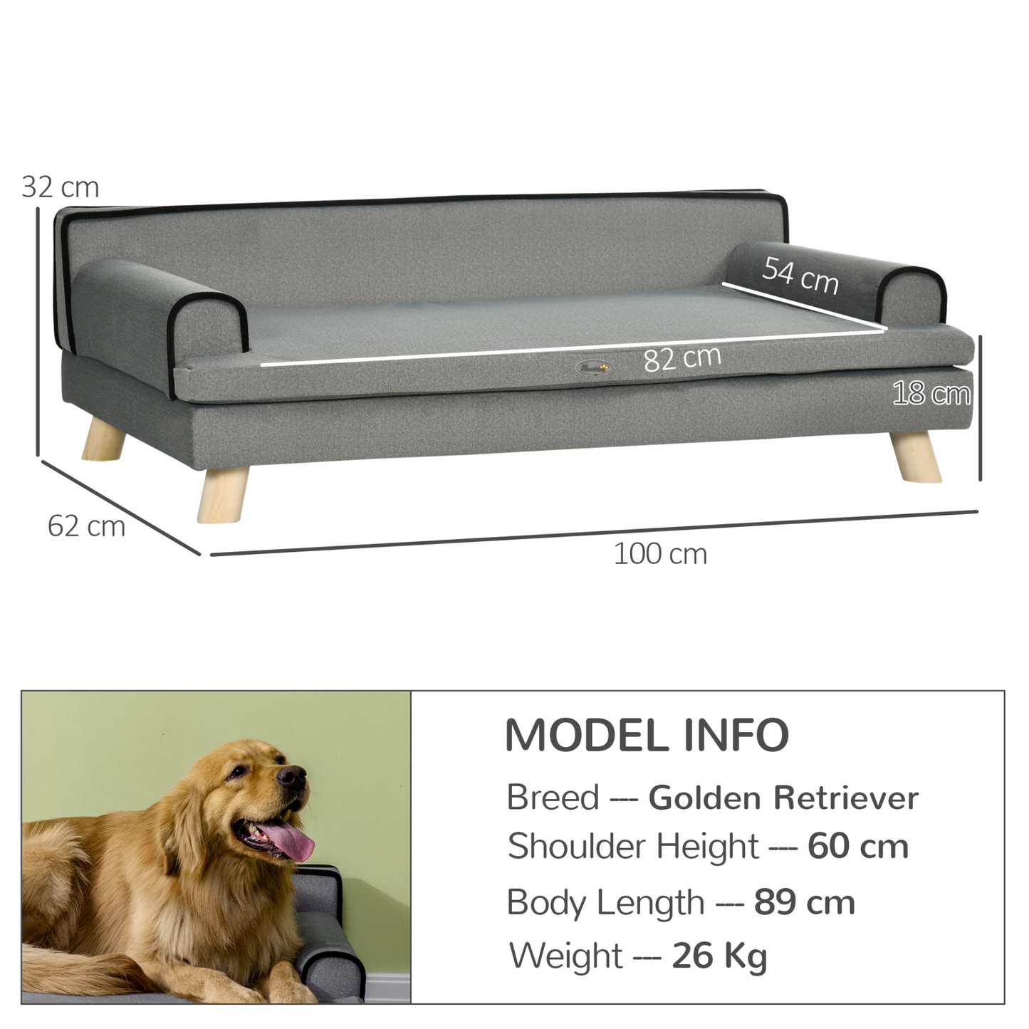 PawHut Dog Sofa with Legs Water-resistant Fabric, Pet Chair Bed for Large, Medium Dogs, Grey, 100 x 62 x 32 cm