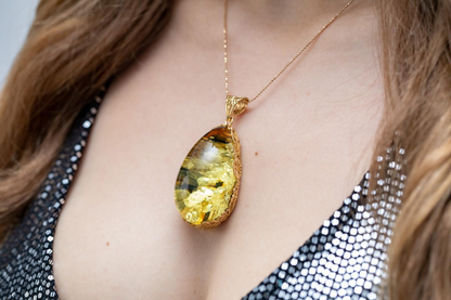 OOAK Gold Floral Flare Green Amber Pendant