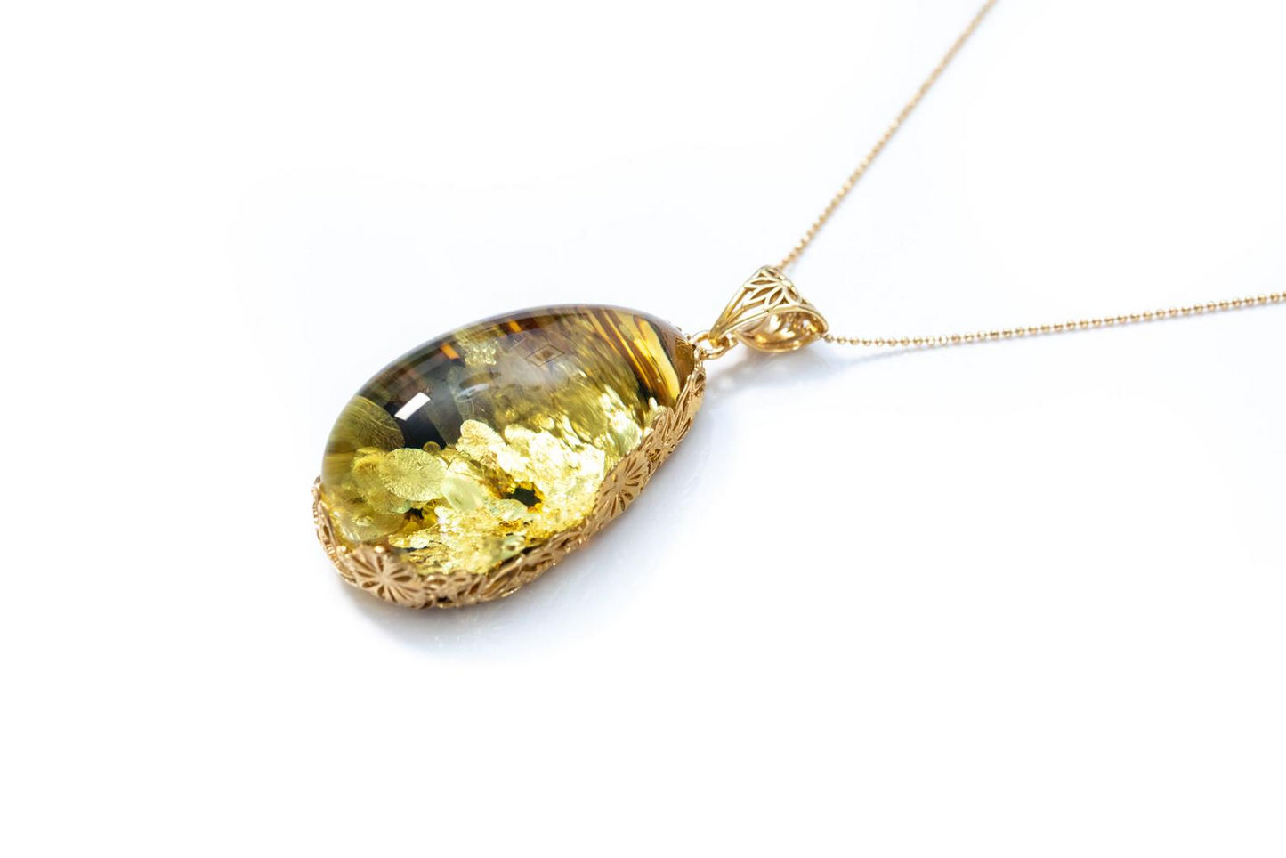 OOAK Gold Floral Flare Green Amber Pendant