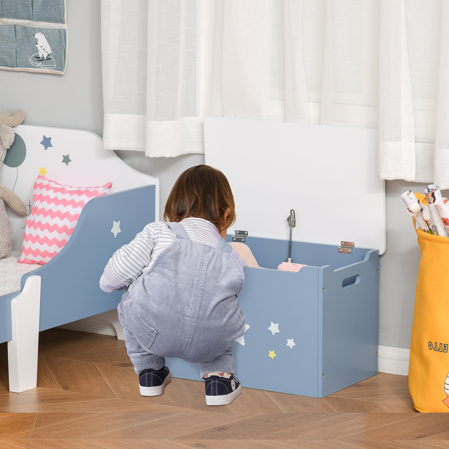 HOMCOM Kids Wooden Toy Box Children Storage Chest Organiser Side Handle Safety Hinge Play Room Furniture Blue