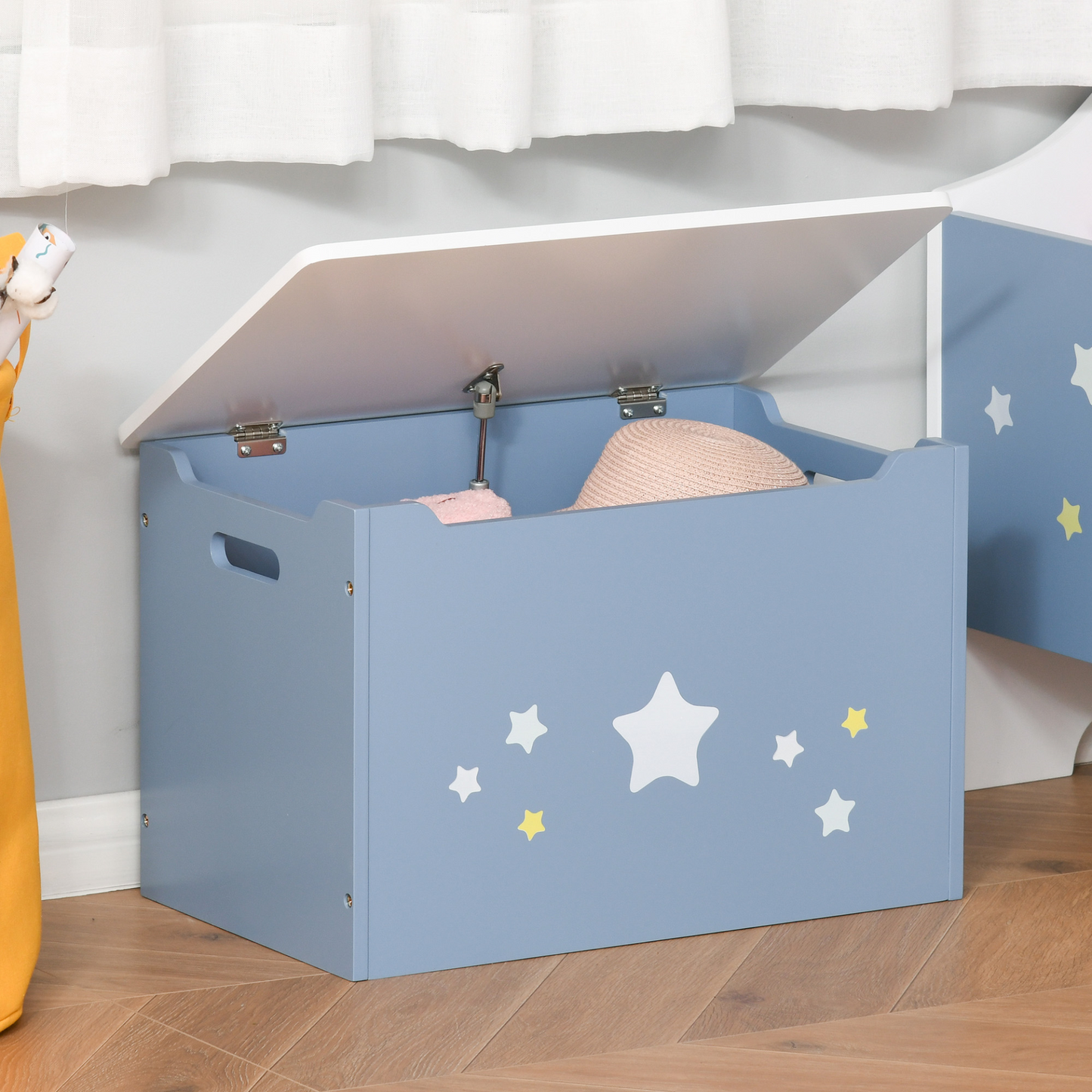 HOMCOM Kids Wooden Toy Box Children Storage Chest Organiser Side Handle Safety Hinge Play Room Furniture Blue