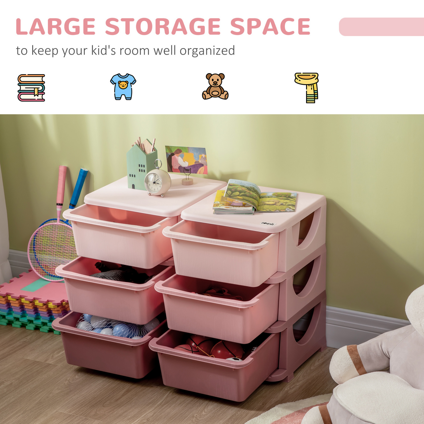 HOMCOM Kids Three-Tier Storage Unit Toy Storage Organiser Vertical Dresser Tower, for Nursery, Playroom, Classroom - Pink