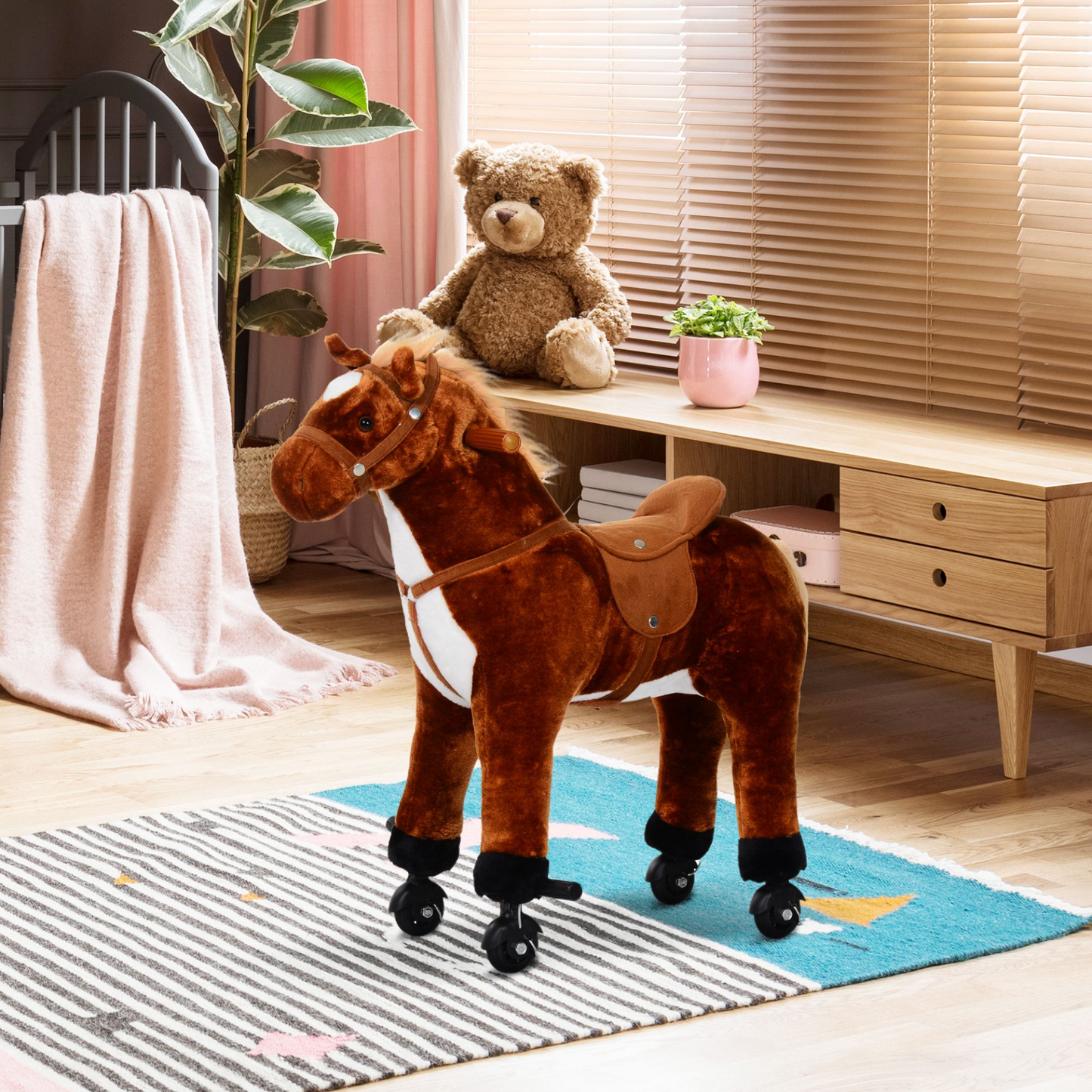 HOMCOM Plush Walking Horse Ride On Toy with Wheels and Realistic Sounds Rocking Horse for Girls Boys, 50cm Tall, Brown
