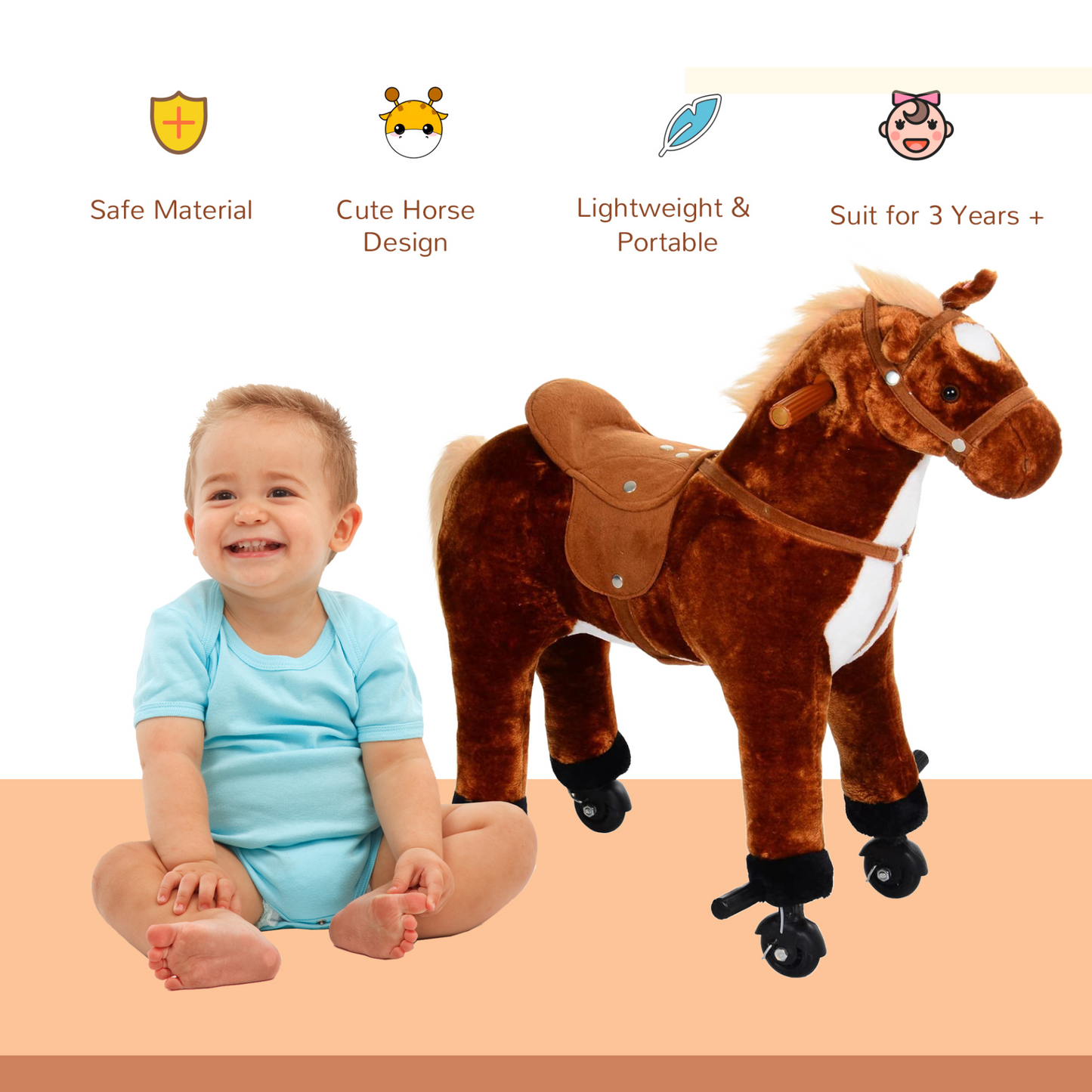 HOMCOM Plush Walking Horse Ride On Toy with Wheels and Realistic Sounds Rocking Horse for Girls Boys, 50cm Tall, Brown