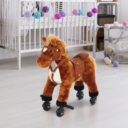 HOMCOM Wooden Action Pony Wheeled Walking Horse Riding Little Baby Plush Toy Wooden Style Ride on Animal Kids Gift w/Sound (Brown)