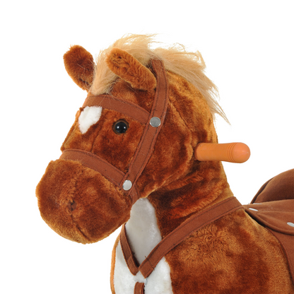 HOMCOM Wooden Action Pony Wheeled Walking Horse Riding Little Baby Plush Toy Wooden Style Ride on Animal Kids Gift w/Sound (Brown)