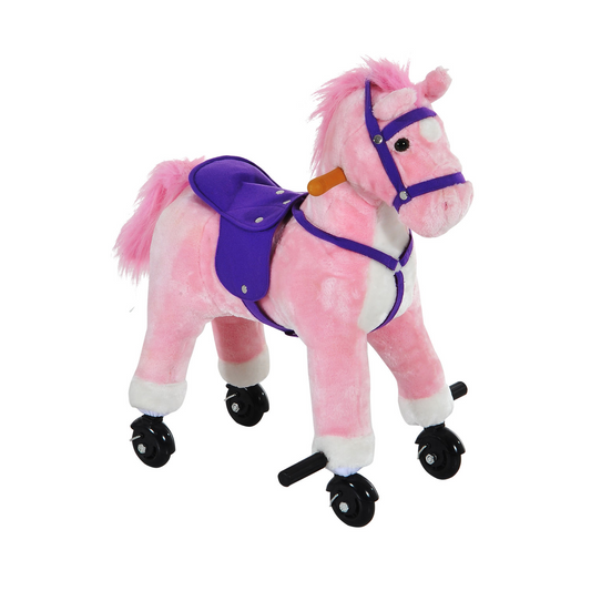 HOMCOM Wooden Action Pony Wheeled Walking Horse Riding Little Baby Plush Toy Wooden Style Ride on Animal Kids Gift w/Sound (Pink)