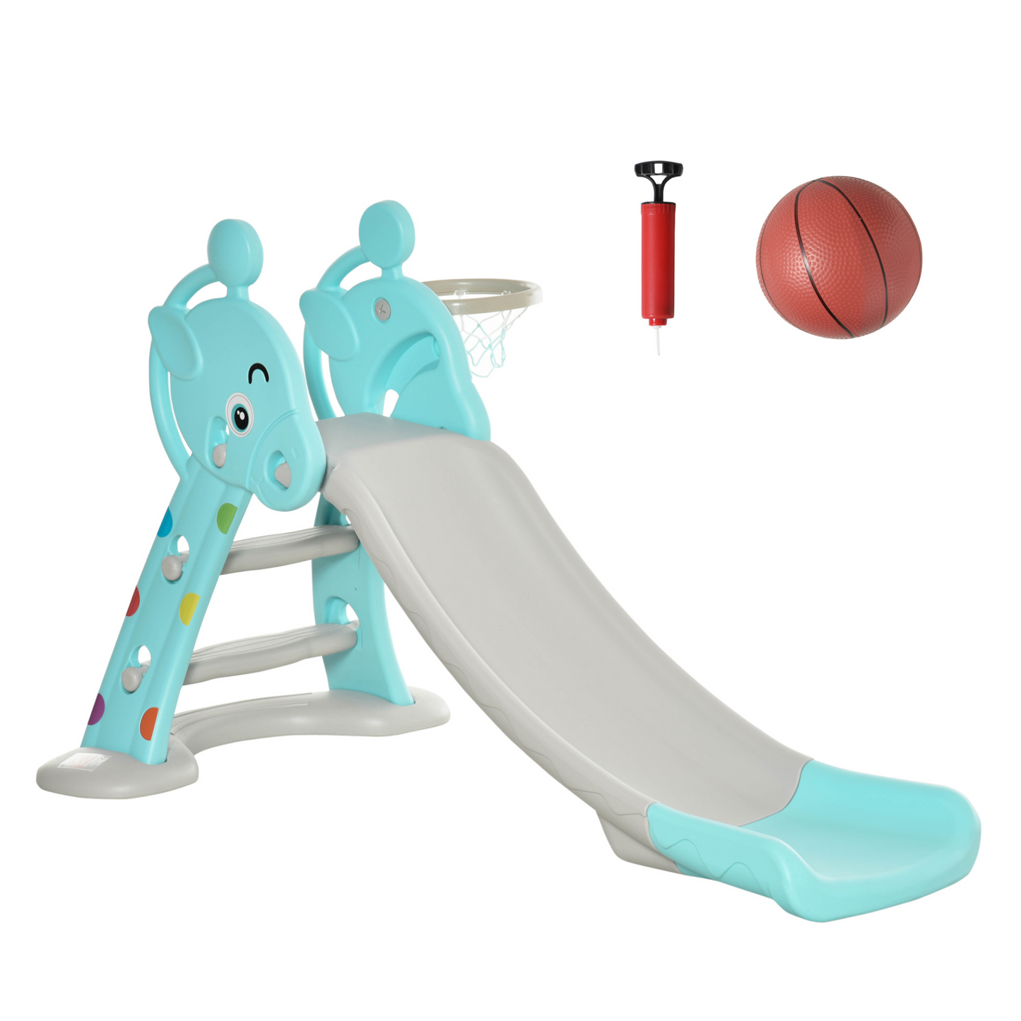 HOMCOM 2 in 1 Kids Slide with Basketball Hoop Toddler Freestanding Slider Playset for Indoor/Outdoor Use Slipping Climber Playground Equipment Set Exercise Toy 18 months -4 Years Old Deer Shaped Blue