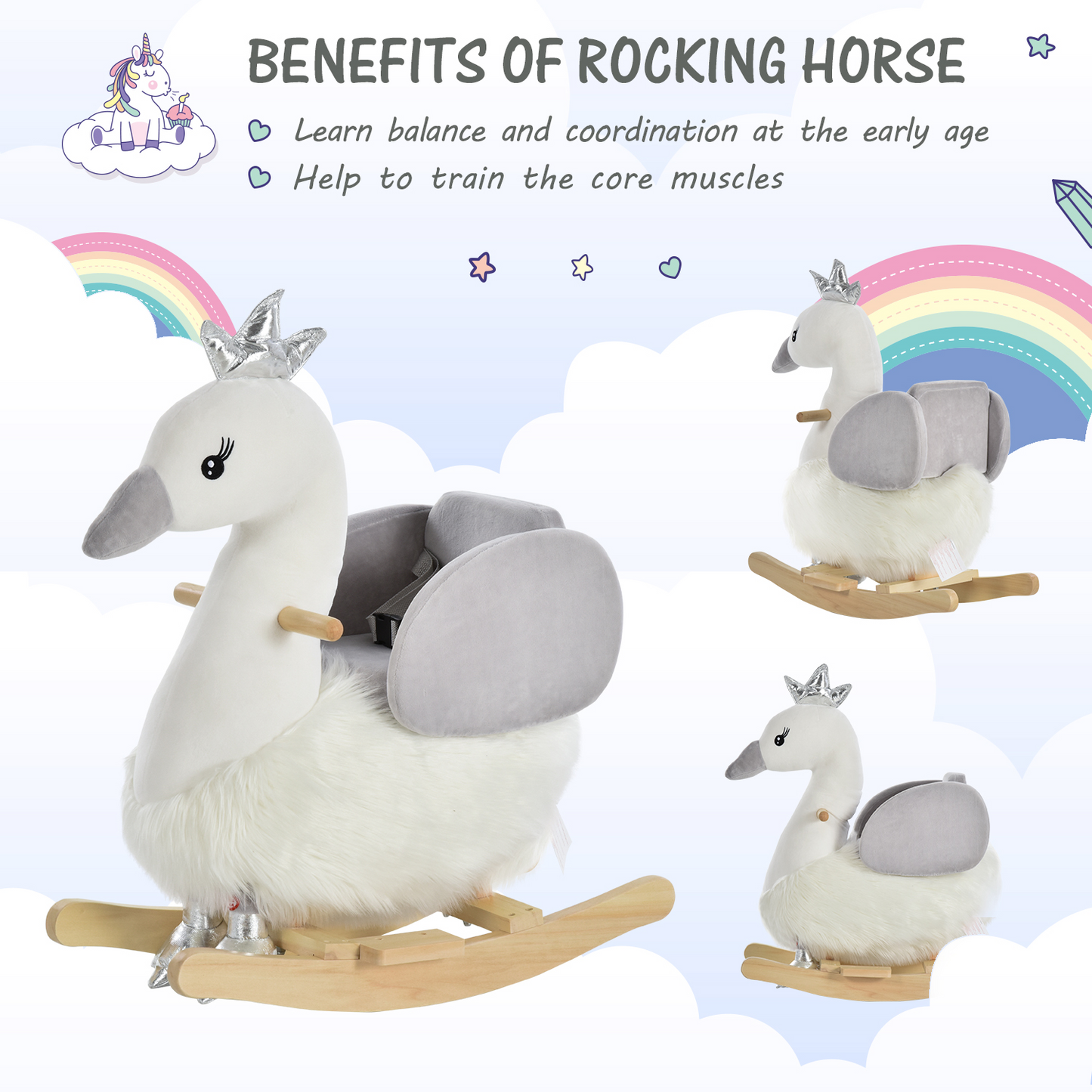 HOMCOM Kids Children Rocking Horse Plush Ride On Swan w/ Sound Wood Base Seat Safety Belt Toddler Baby Toy Rocker 18 - 36 Months