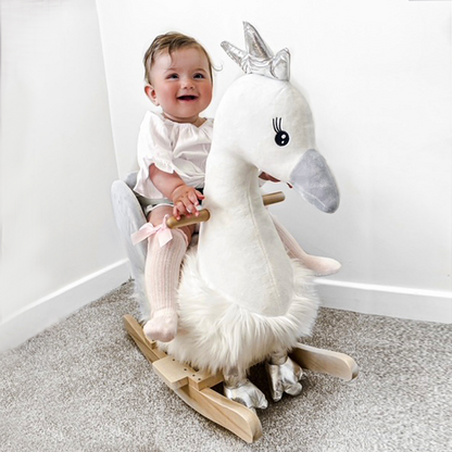 HOMCOM Kids Children Rocking Horse Plush Ride On Swan w/ Sound Wood Base Seat Safety Belt Toddler Baby Toy Rocker 18 - 36 Months