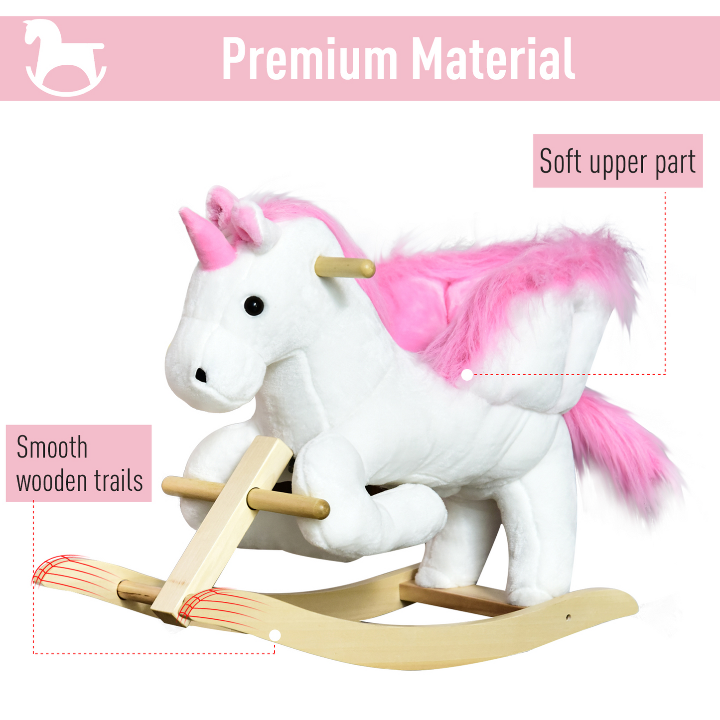 HOMCOM Kids Wooden Plush Ride On Unicorn Rocking Horse Chair Toy with music