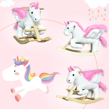 HOMCOM Kids Wooden Plush Ride On Unicorn Rocking Horse Chair Toy with music