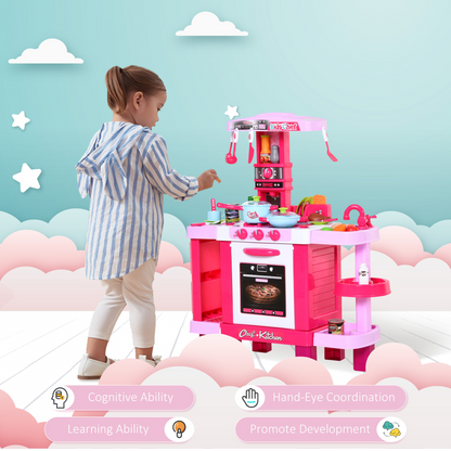 HOMCOM 38 Pcs Kids Children Kitchen Play Set w/ Realistic Sounds Lights Food Utensils Pots Pans Appliances Toy Game Pink