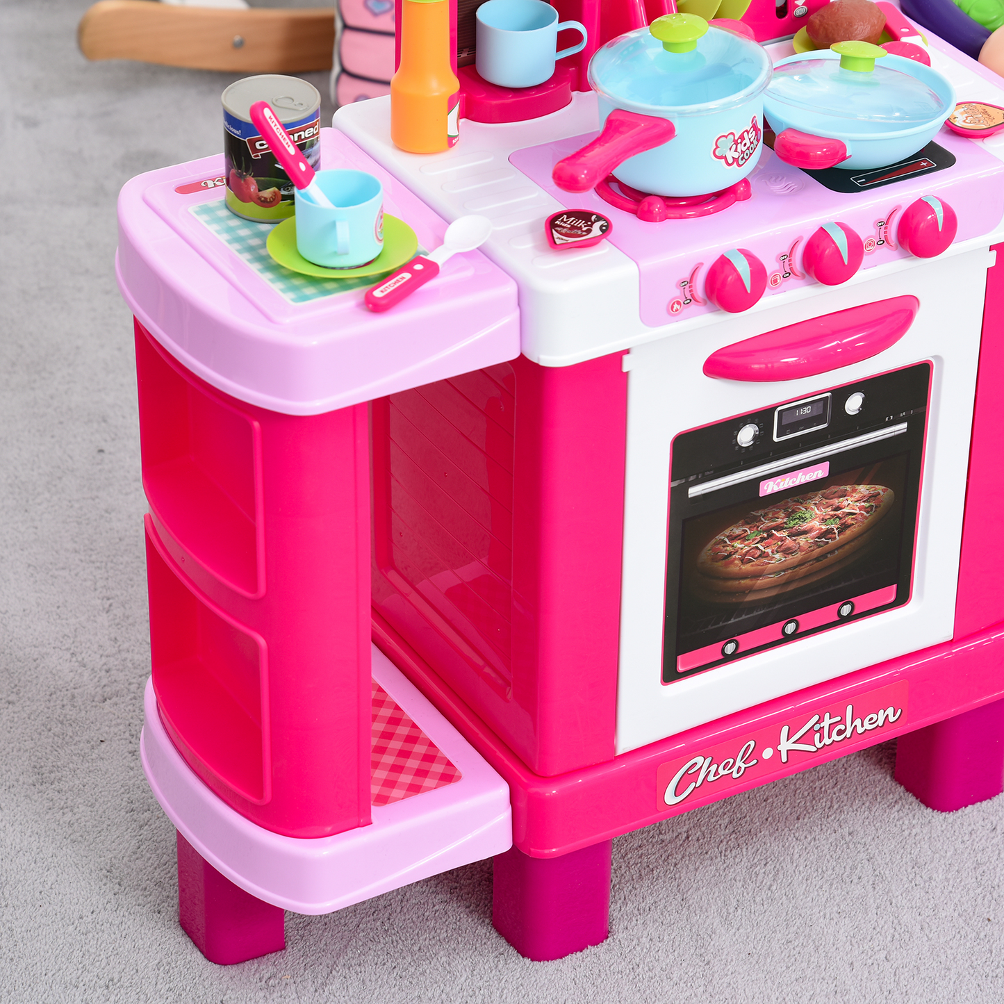 HOMCOM 38 Pcs Kids Children Kitchen Play Set w/ Realistic Sounds Lights Food Utensils Pots Pans Appliances Toy Game Pink