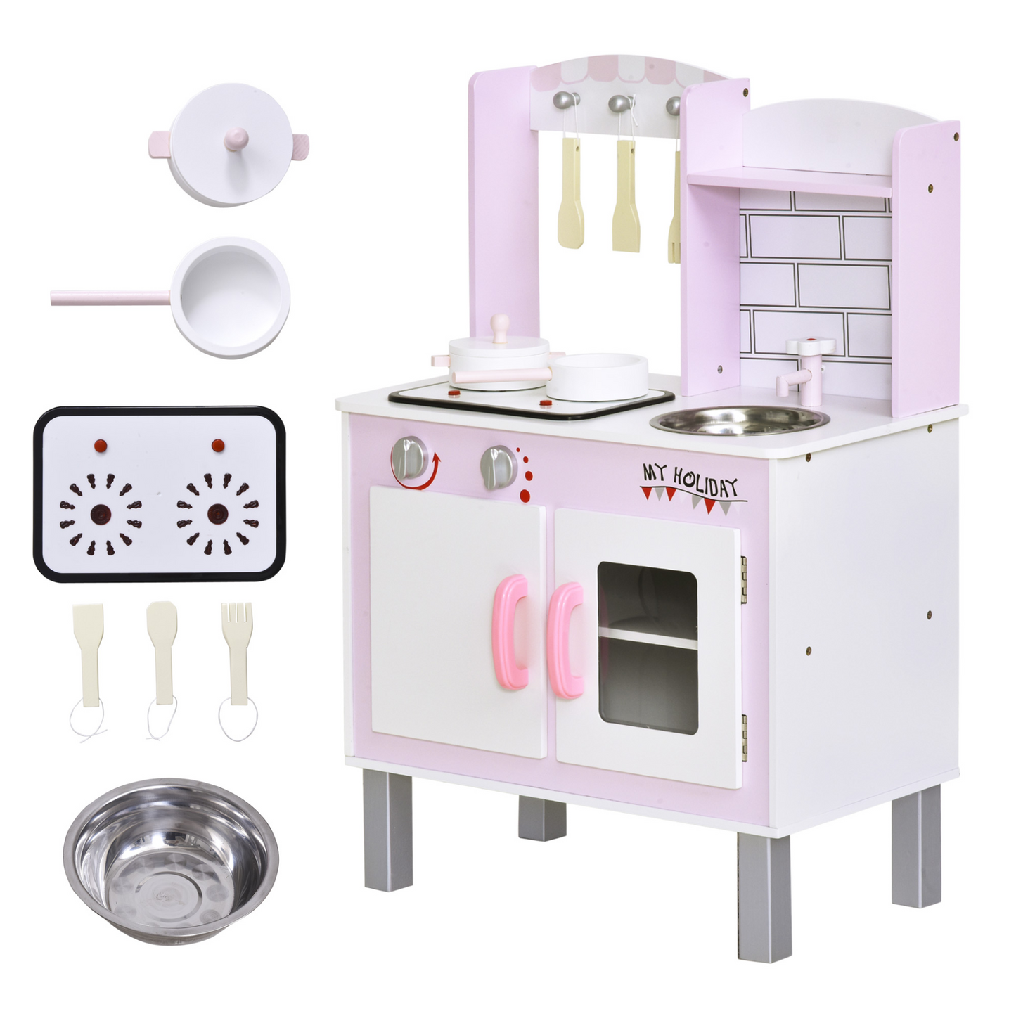 HOMCOM Kids Kitchen Play Set Wooden Pretend Play Toy w/ Sounds Utensils Pans Storage Child Role Play Accessories for 3 Years+ Pink