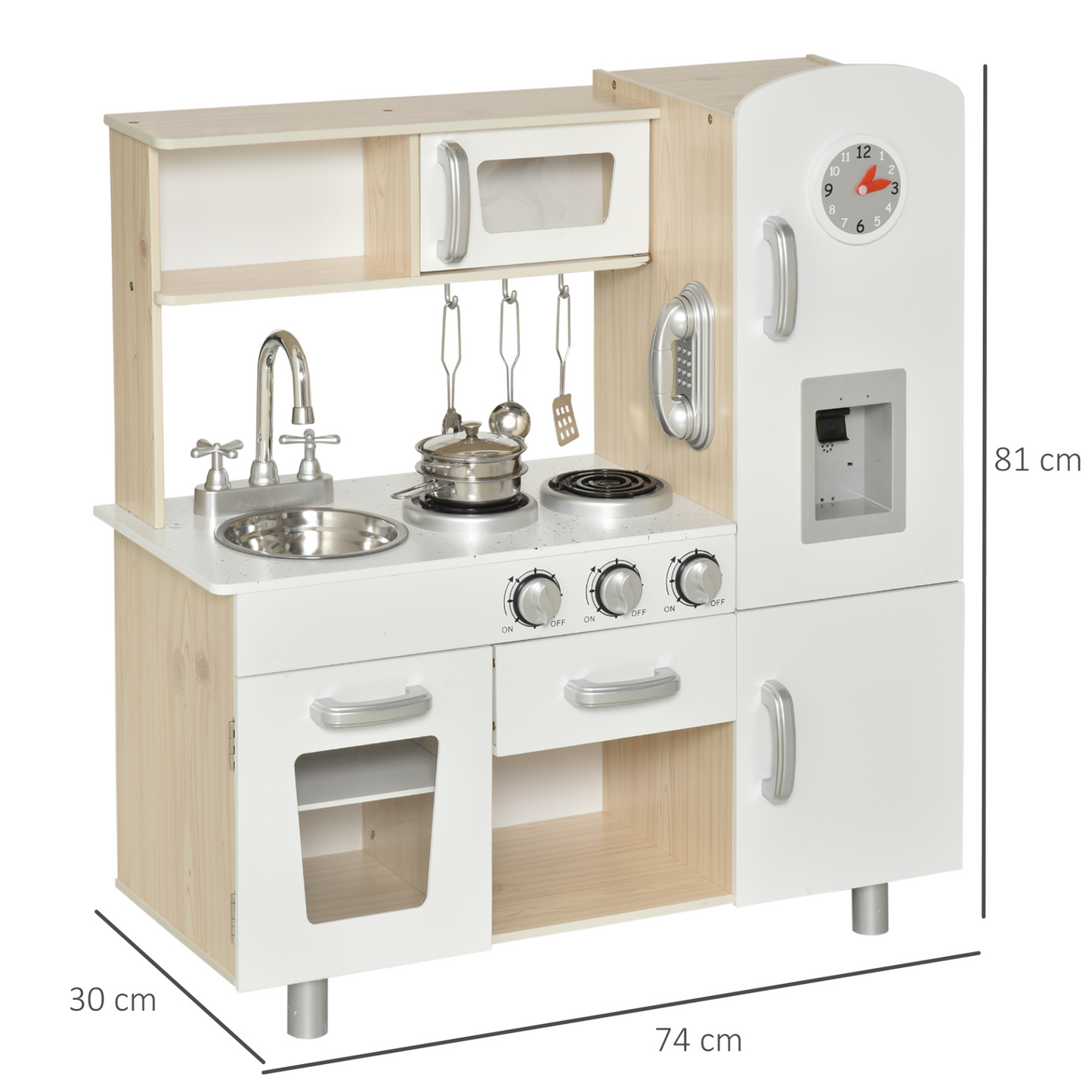 HOMCOM Kids Wooden Pretend Play Toy Kitchen Cooking Set Role Play Phone for Boys Girls White