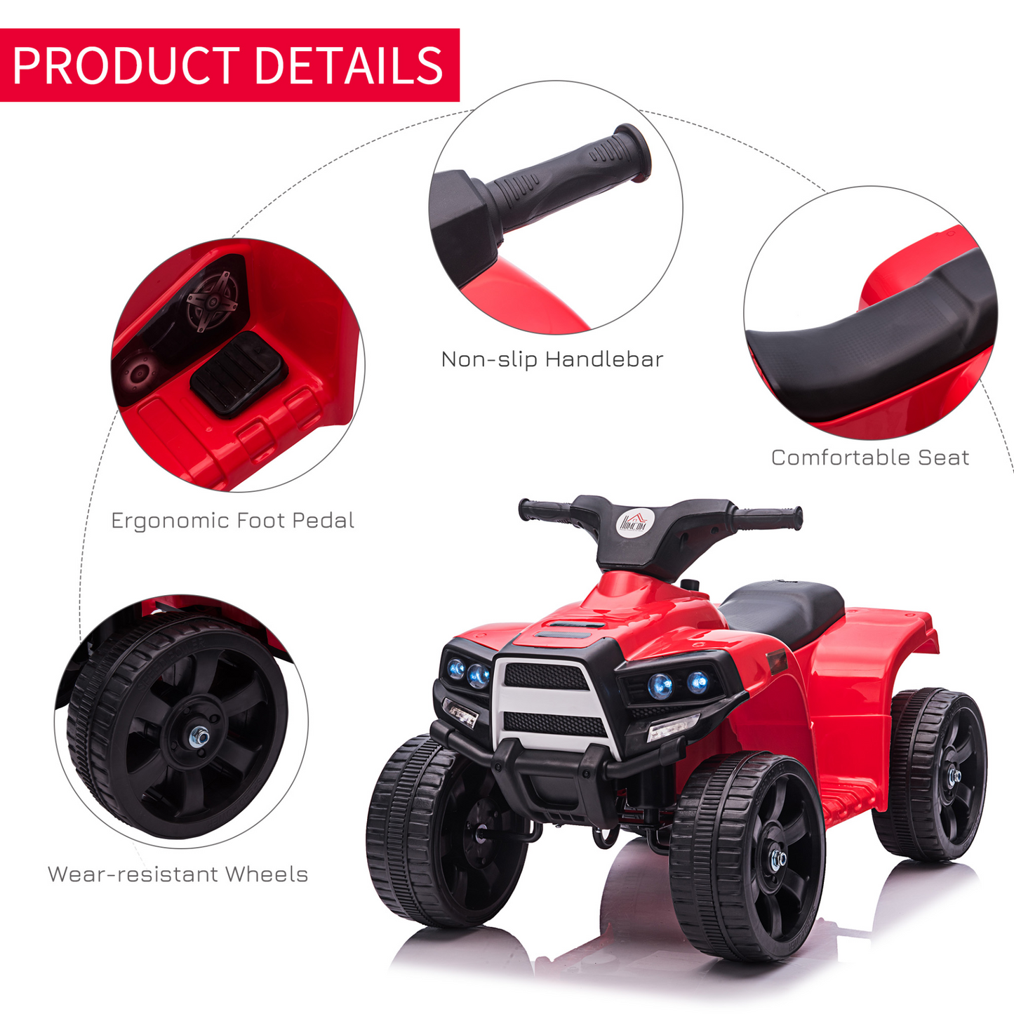 HOMCOM 6V Kids Electric Ride on Car ATV Toy Quad Bike With Headlights for Toddlers 18-36 months Red